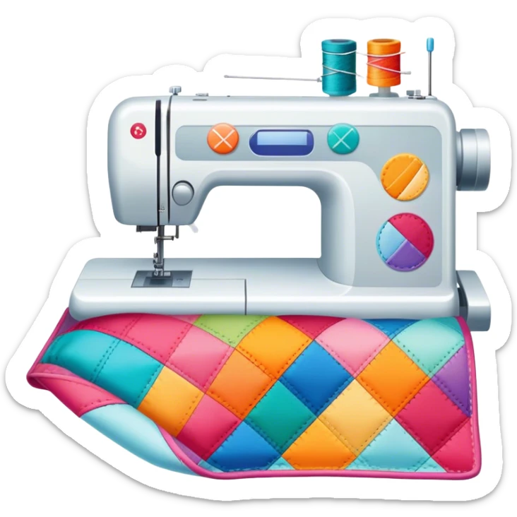 Patchwork and quilting icon, colorful fabric patches sewn together in a quilt pattern, sewing needle and thread, quilting tools like rotary cutter and quilting hoop, minimalistic style, clean lines, transparent background. sticker