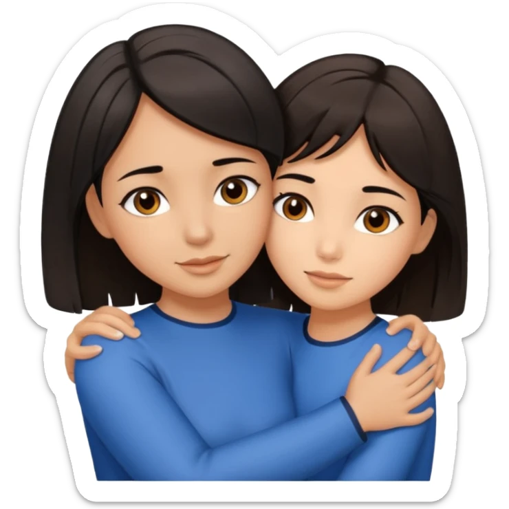 a brown-eyed brunette hugs a brown-eyed girl with a bob and black hair, and the strands are blue sticker