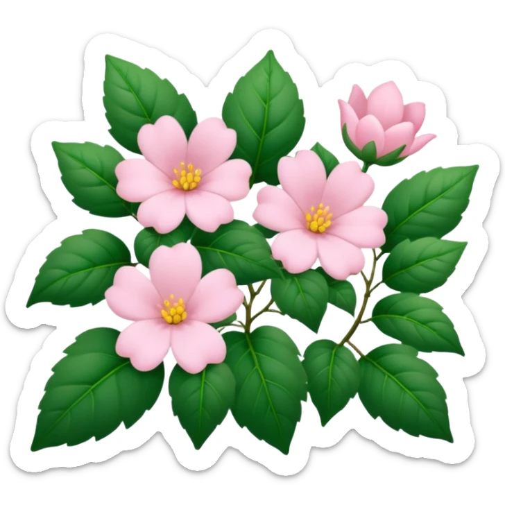 Aesthetic flowers and plants growing from the ground in colours of soft pink matching the deep green leaves (to describe/match with the word flourish) more of a wild bush or vine  sticker