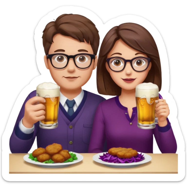 German man with glasses and brown hair and woman with glasses and brown hair eating schnitzel, red cabbage, potatoes, and drinking a beer sticker
