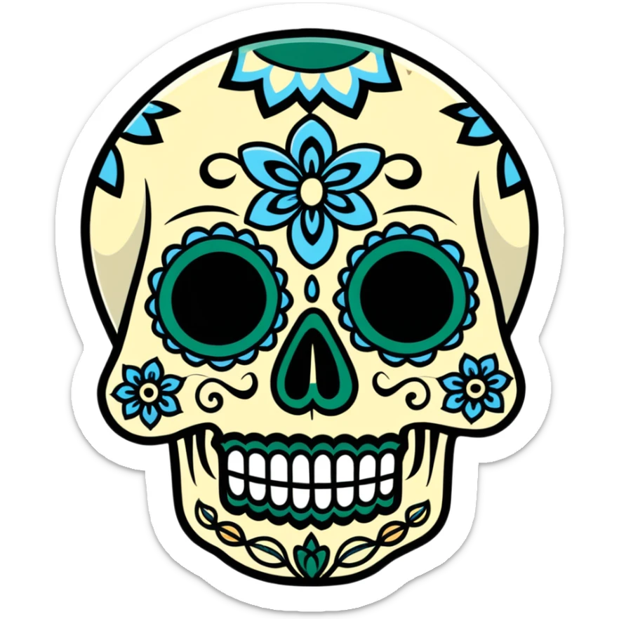 decorated sugar skull in Milwaukee Bucks team colors (dark green, cream, and light blue) sticker