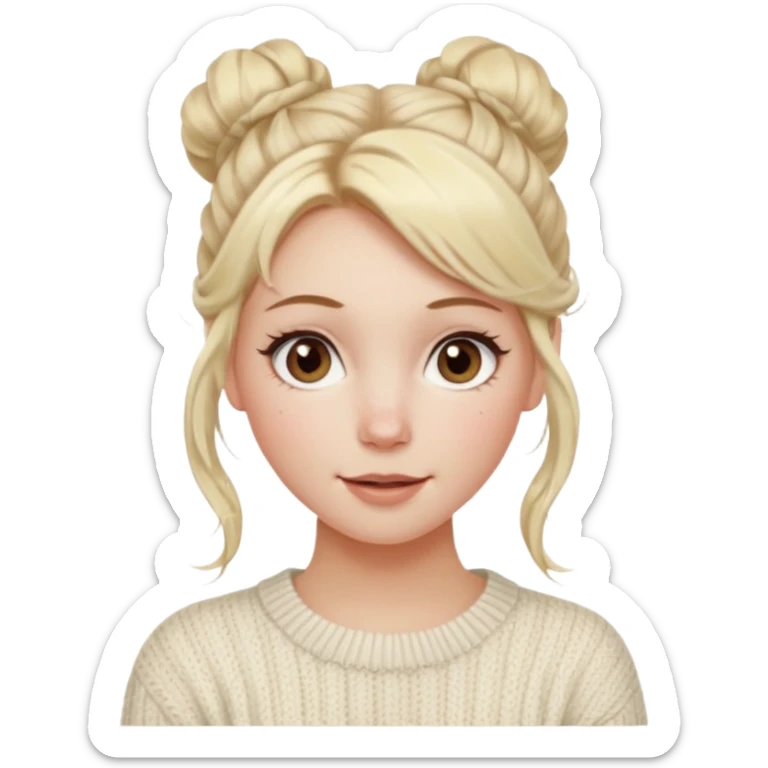 blonde hazel eyes woman with a white cable knit sweater and one messy bun with tendrils of hair flowing down her face and she is happy pale, some freckles, blush. she has a cateye wing and long lashes sticker