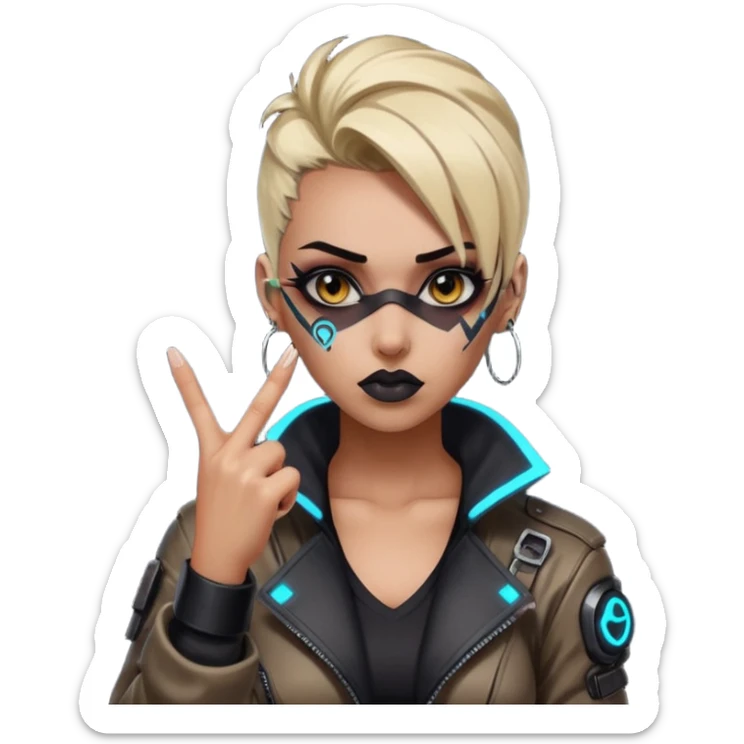 Woman with her tongue out in cyberpunk clothing and giving the middle finger. Looking naughty. sticker