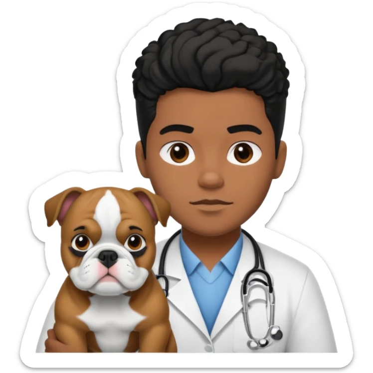 joven médico con el pelo un poco largo pero no tanto y lacio, que tenga un estetoscopio de color de piel tez negra calida !!! que sostiene un bulldog francés blanco y negro  sticker