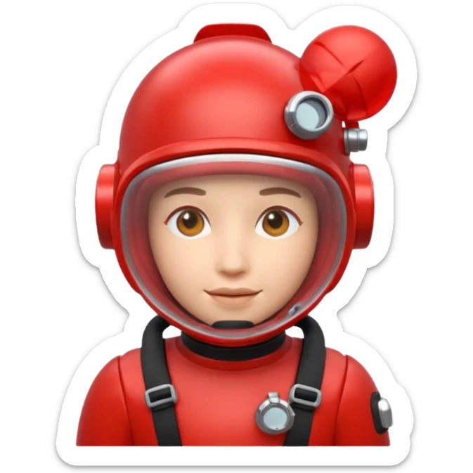 3D cartoon-style human character in the Apple emoji style, wearing a red scuba diving helmet with glass visor sticker