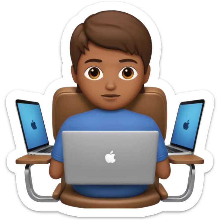 Memoji sitting on a chair from behind (pnly hair and back of the chair shown) focusing on laptop  sticker