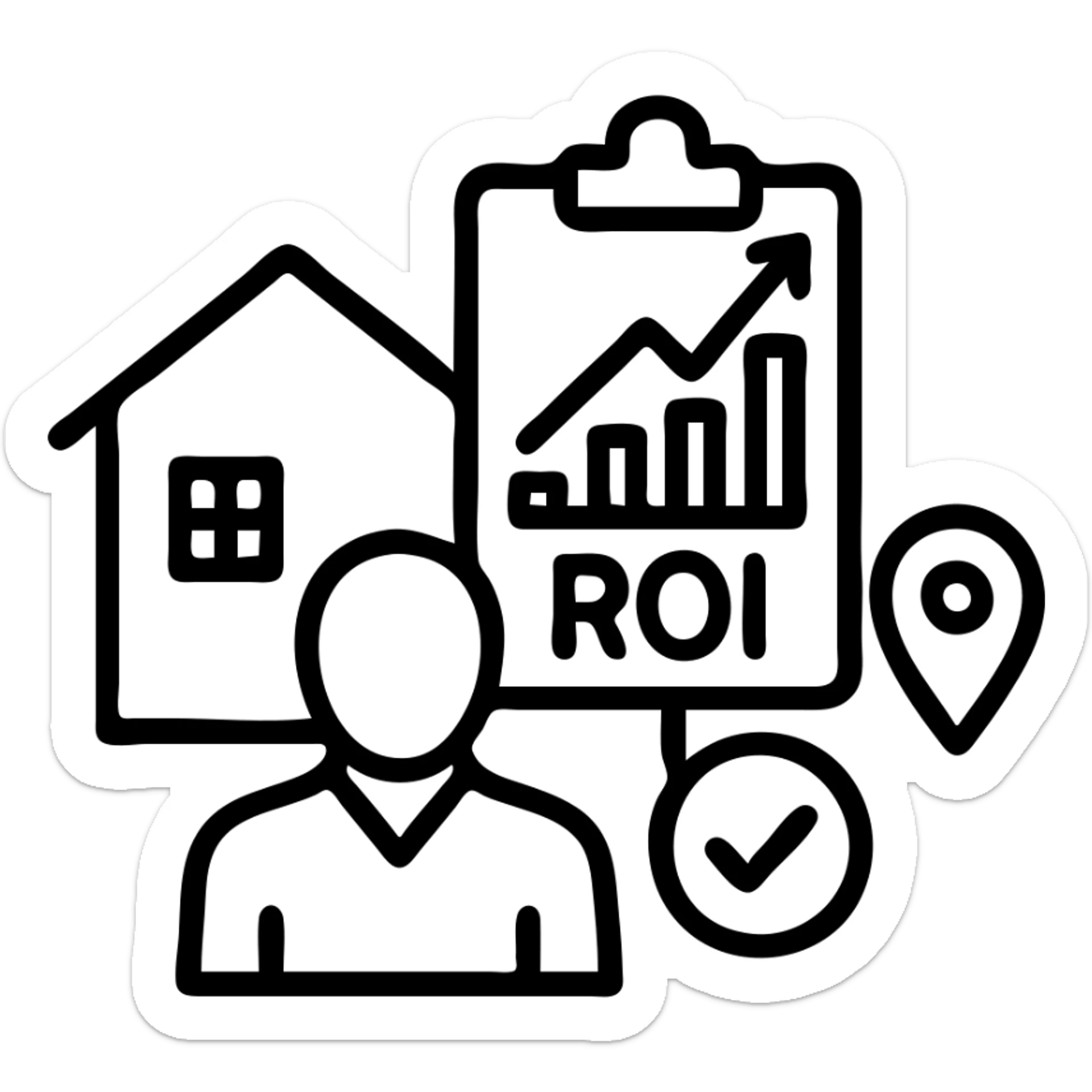 Ícono de real estate que refleje que trabajamos con una estrategia personalizada con visión de ROI y que nuestro método de trabajo nos permite ayudarte a tomar decisiones basadas en datos, rentabilidad y lifestyle. sticker