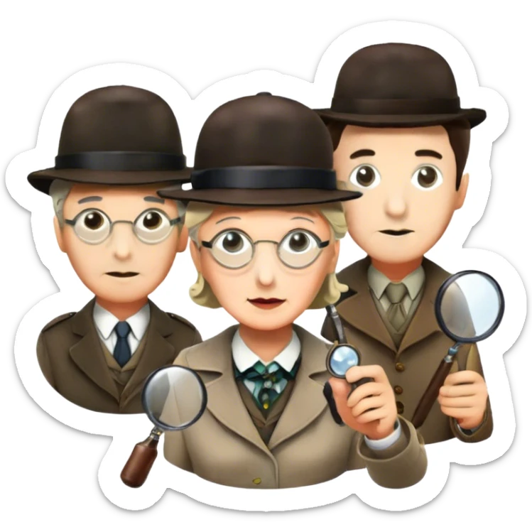 Icon for Detective Movies: A colorful collage with Sherlock Holmes, Miss Marple, and Pinkerton. Include magnifying glasses, clues, detective tools, a criminal and a policeman in the background. The design should evoke mystery and intrigue, with a classic detective movie feel. Transparent background. sticker