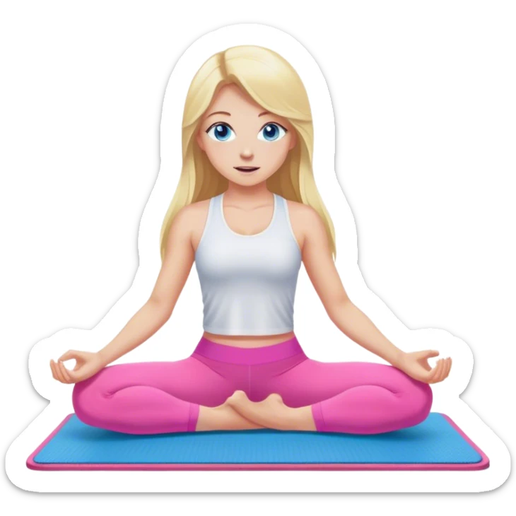 A cinematically realistic blonde with long hair and blue eyes, dressed in a white top and pink leggings, performs a sports exercise on a mat sticker