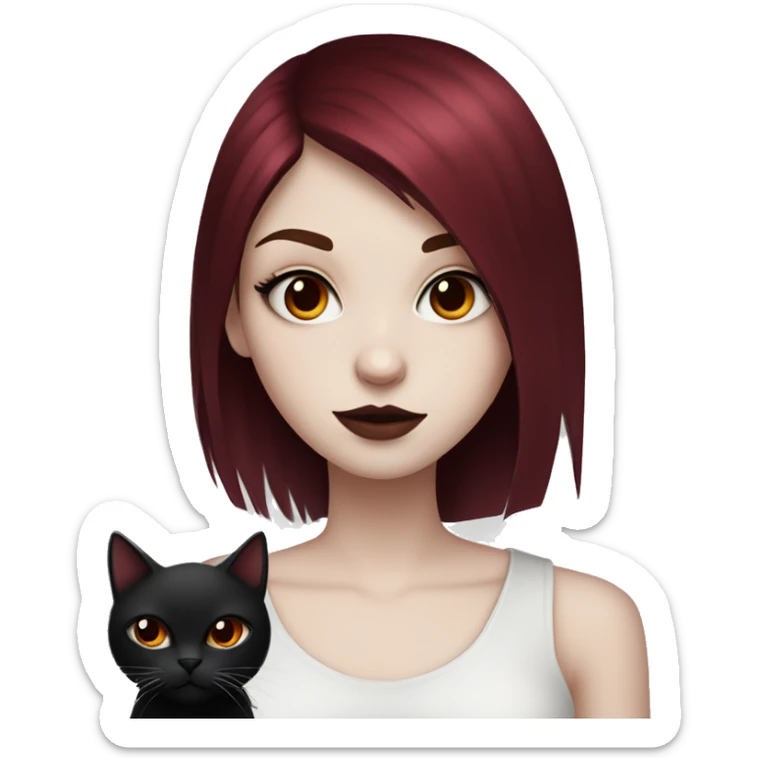 Pale girl with black eyeshadow and burgundy red colored hair with an emo haircut that’s long and layered holding a black cat sticker
