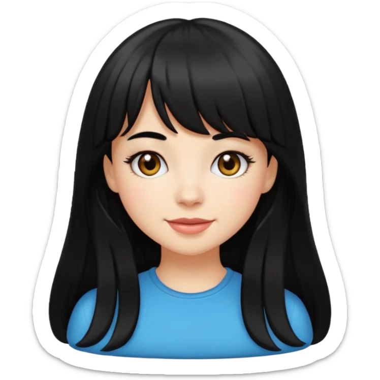 pretty white girl with long black hair and thick bangs, very dark brown eyes, cheerful and cute, emoji style sticker