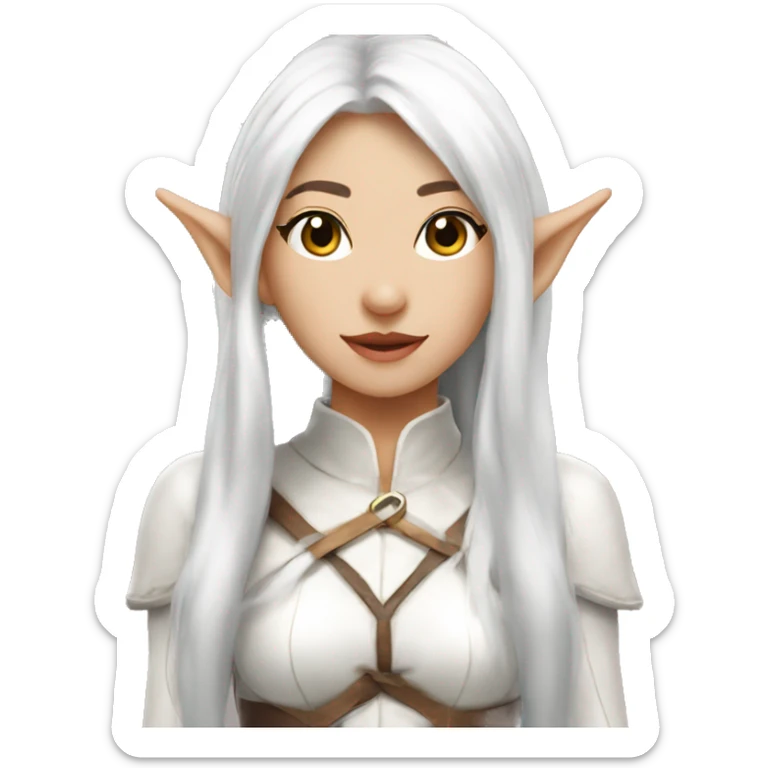 Asian feminine body slim long white hair elf leather costume sticker