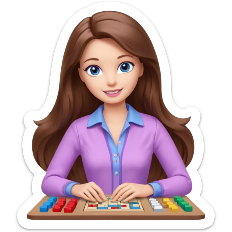 beautiful barbie girl with long brown hair, blue eyes and wearing light purple clothes playing board games sticker