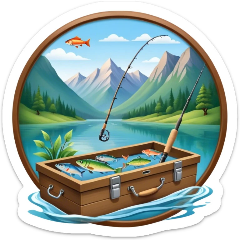Icon for Fishing Travel: a boat on a calm lake surrounded by mountains and lush greenery, with fish jumping out of the water, a fishing rod, tackle box. The icon should capture the peaceful and adventurous nature of fishing trips. Transparent background. sticker