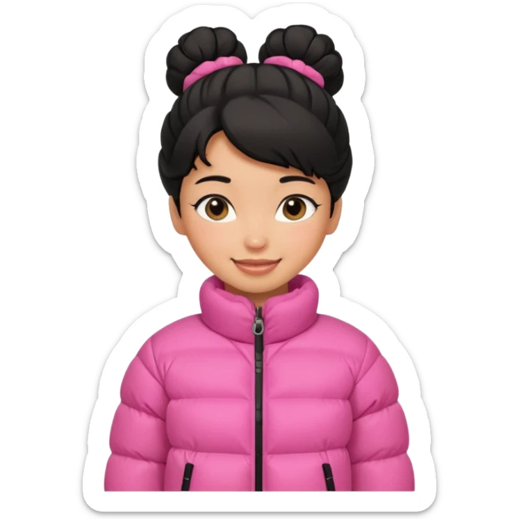 A caramel skinned girl that’s has puffy black hair with her hair up skinny and wears a pink puffer coat sticker