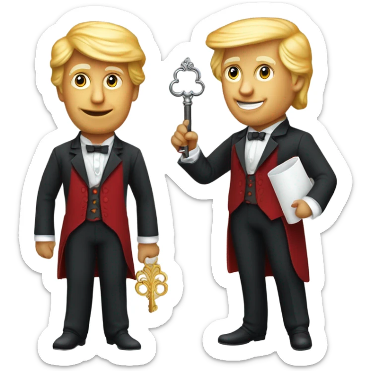 trump waiter Victorian dress elegant red full body, holding big key sticker