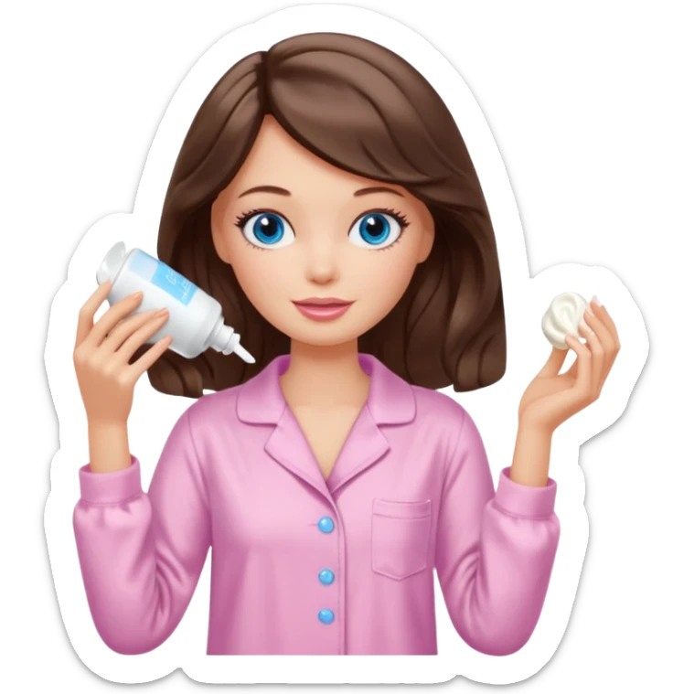 Barbie girl with makeup, blue eyes , and bob long haircut wavy, short brown hair in creamy color pajamas, face cream in hand sticker
