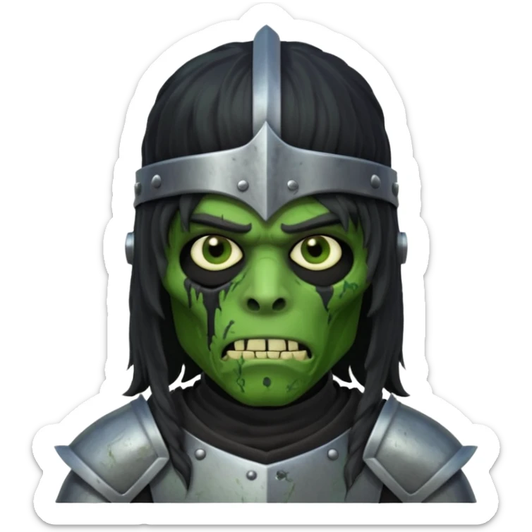 A black male with long black rough hair wearing a knight helmet with green zombie skin  sticker