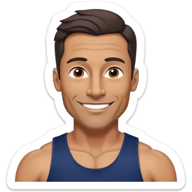 Athletic 40-year-old man with tanned light brown skin. Elongated face with defined jawline. Confident smile. Medium dark eyes, arched eyebrows. Straight nose. Wavy dark hair in a modern cut. Wearing a navy blue tank top showing fit physique. sticker