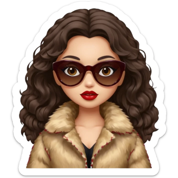 generate a pretty fair bratz girl with dark brown eyes, dark brown wavy hair, beige fur coat, black sunglasses, red lipstick. RICH sticker
