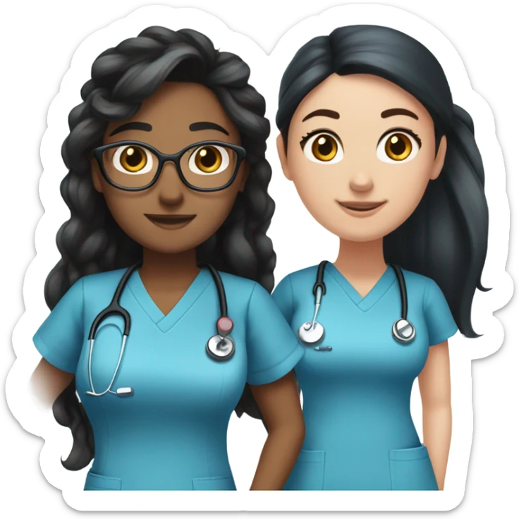 Best friend nurses in blue scrubs one has glasses and long black hair in a pony tails, the other has long dark brown hair and  freckles sticker