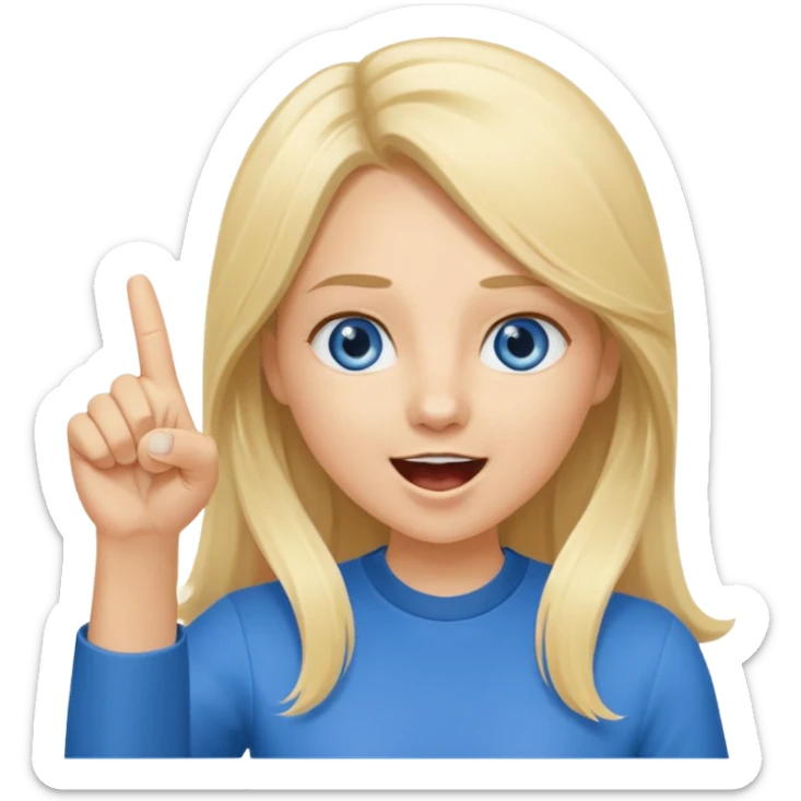 blue eyes blonde girl yelling into megaphone and holding up 1 finger in the other hand smiling long hair sticker