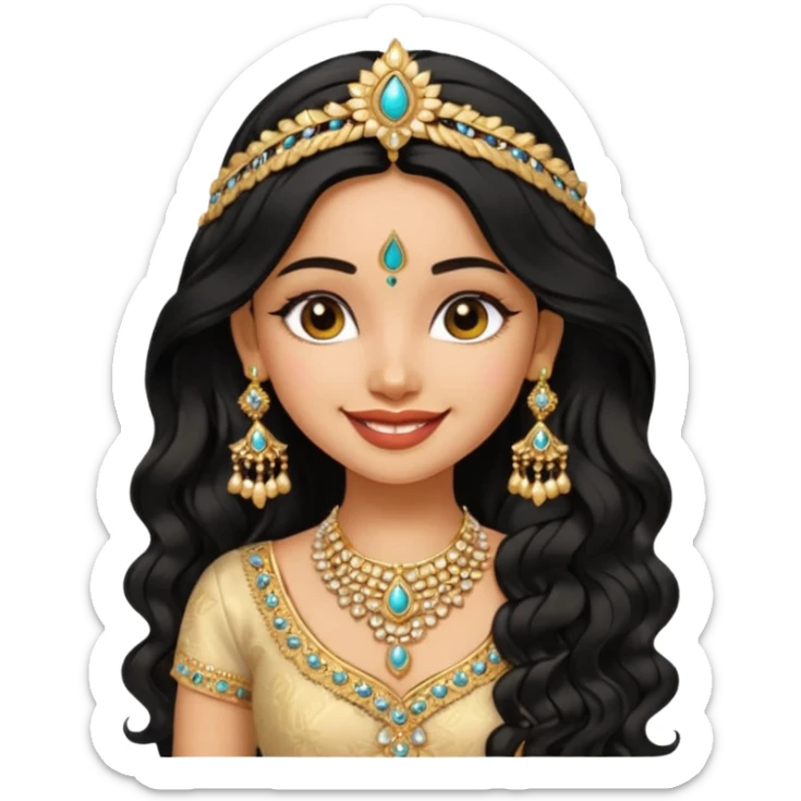 a pretty bratz fair indian girl wearing an indian wedding outfit,  golden jewellery, black wavy hair sticker