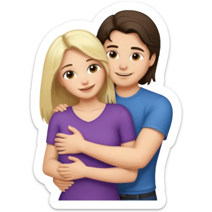A happy boyfriend and girlfriend hug. She is brunette sexy with long hair. He is blonde short hair sticker