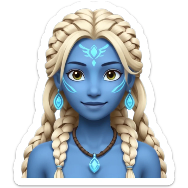 avatar-style Na’vi female portrait, head and shoulders only, blue skin, glowing bioluminescent markings, long braided hair, subtle tribal jewelry, confident smile, 3D cartoon, mobile game icon style, clean background, no text, no watermark
 sticker