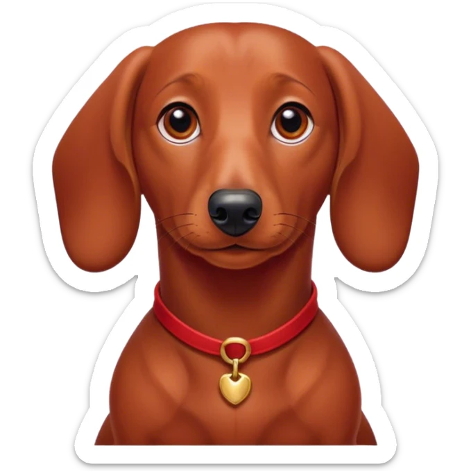 Cinematic Noble Red Dachshund Portrait Emoji, Poised and regal, with a long, low-slung build and a smooth, well-groomed red coat, deep-set soulful brown eyes, Simplified yet sharp and sophisticated features, highly detailed, glowing with a soft, dignified glow, high shine, intelligent and determined, stylized with an air of charm, focused and attentive, soft glowing outline, capturing the essence of a watchful and confident companion, so majestic it feels as though it could slide out of the screen with effortless authority! sticker