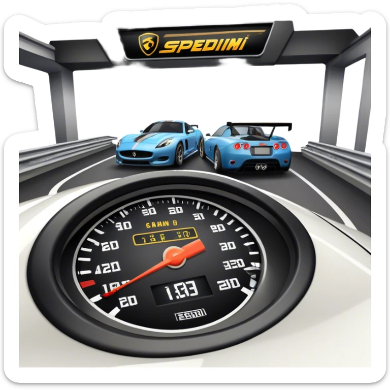 An icon showing a racing game interface, inspired by Grand Turismo. The design features a garage with a selection of high-performance cars, along with race track visuals in the background. Speedometer, lap timer, and other HUD elements add to the excitement. Transparent background sticker