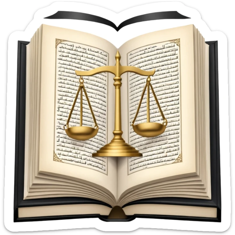 
an open Koran lies, in the center of its pages the scales of justice hover, in the background a mosque is visible, and from the Koran a road diverges, going off into the horizon sticker