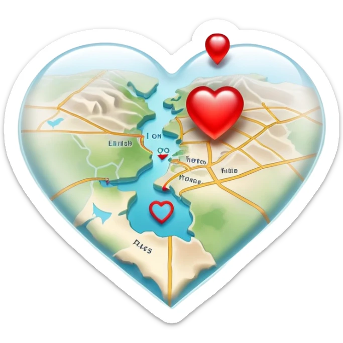 Translucent ethereal map with actual cartographic details, red heart markers for relationships and different colored pins for various emotional experiences sticker