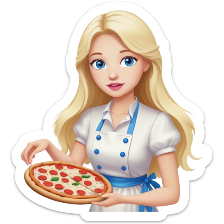 Cinematic realistic beautiful blonde with long hair, blue eyes and pink lips in a white dress cooks pizza sticker