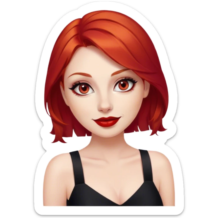 a woman with red hair and red eyes. The woman wear a black little cutted dress. She have red lipstick and she have a seductive look and smile sticker