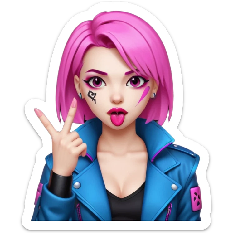 Woman with her tongue out in cyberpunk clothing and giving the middle finger. Looking naughty. sticker