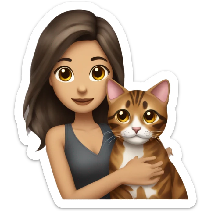 Beautiful woman long dark brown hair hug bengal cat sticker