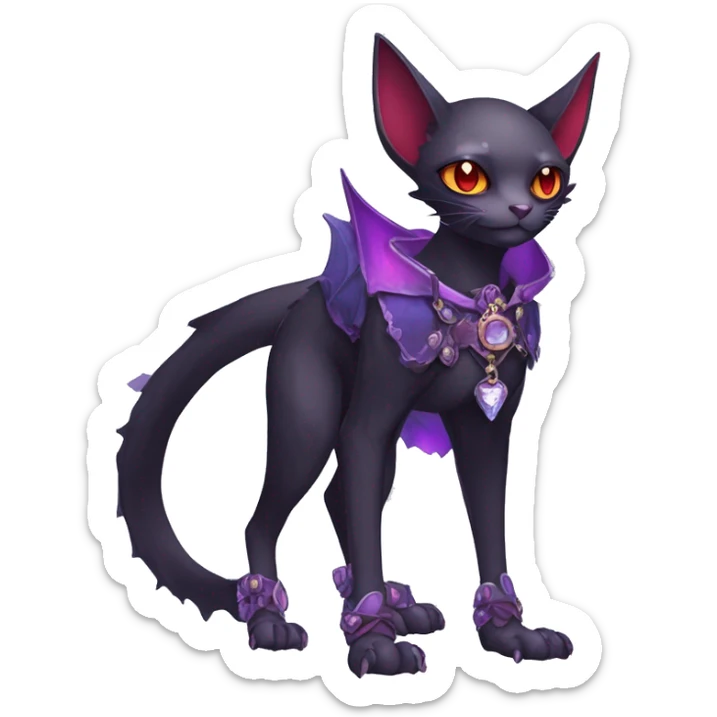 cool kawaii edgy black purple red ethereal fantasy beautiful elegant nargacuga-bat-cat-Fakemon wearing legs spats a collar harness with jewelries full body sticker