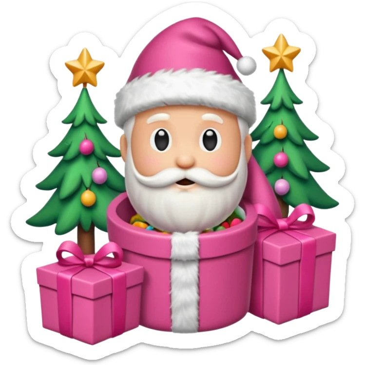 emojis estilo pixar de la cara de santa, arbolito rosa, reno, lazo coquet,bastones de caramelo rosa, caja de regalo rosa, arbolito verde con bambalinas rosa sticker