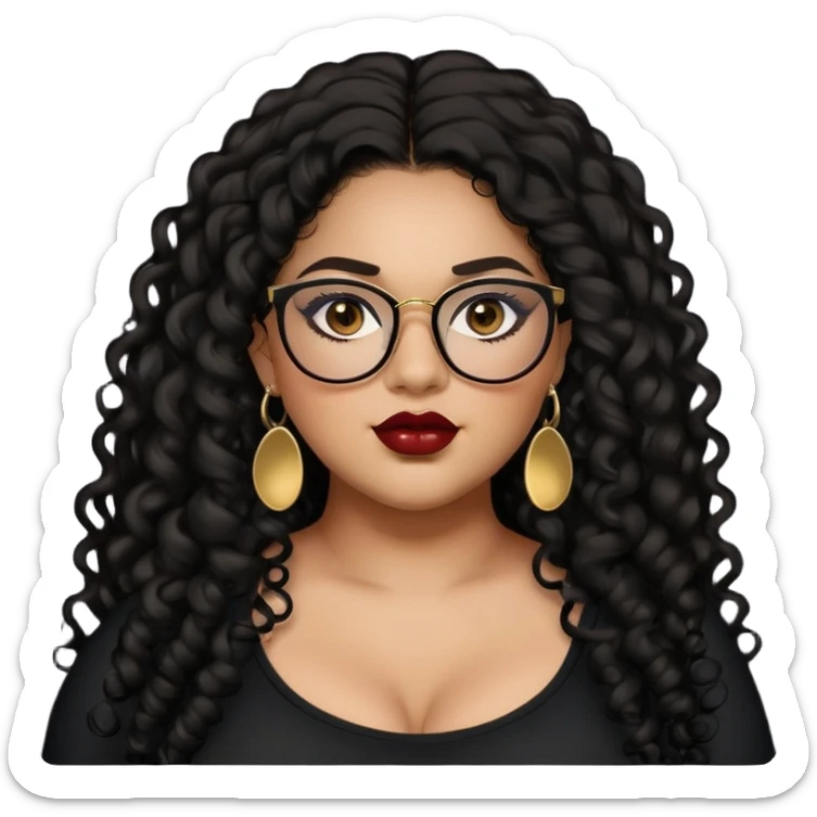 teen big plus size, latina, darker tan skin, gold earrings, long black curly hair, baddie,pretty, makeup, dark red lipgloss, black eyeliner, long hair, black top, black glasses sticker