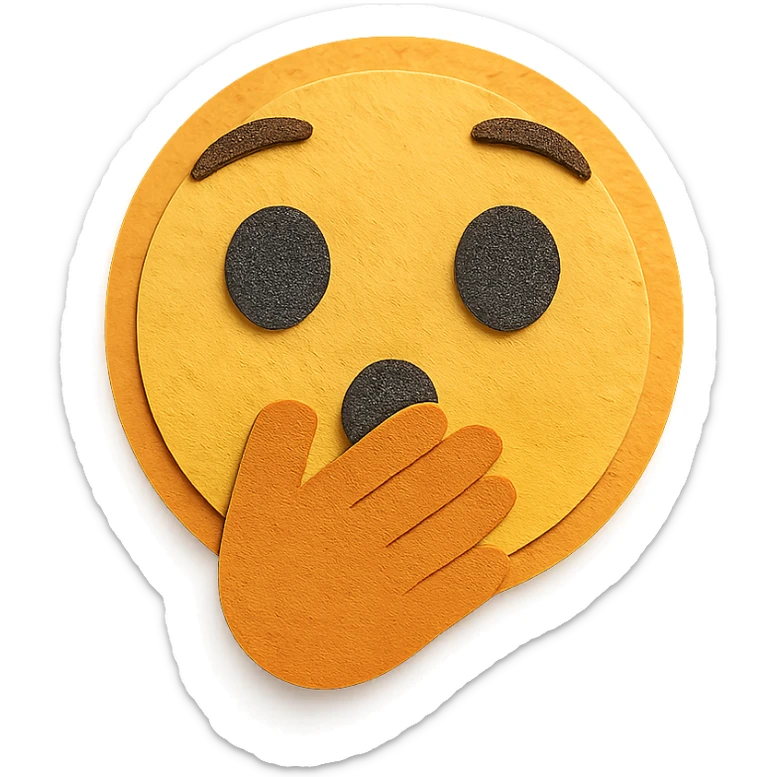surprised face with hand over mouth, yellow and orange tones, paper craft style sticker