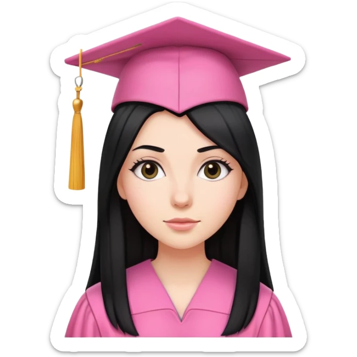 White girl with long straight black tine wearing pink graduation clothes sticker