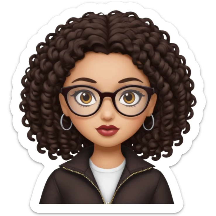 pretty bratz baddie, dark brown curly hair, brown eyes, glasses, pretty eyeliner sticker