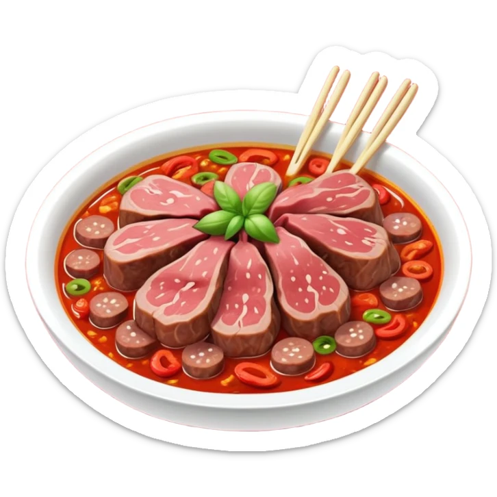 Fuqi Feipian sliced beef and offal in chili oil, simplified emoji style with bold outlines and bright colors, cartoon style Husband and Wife Lung Slices appetizer sticker