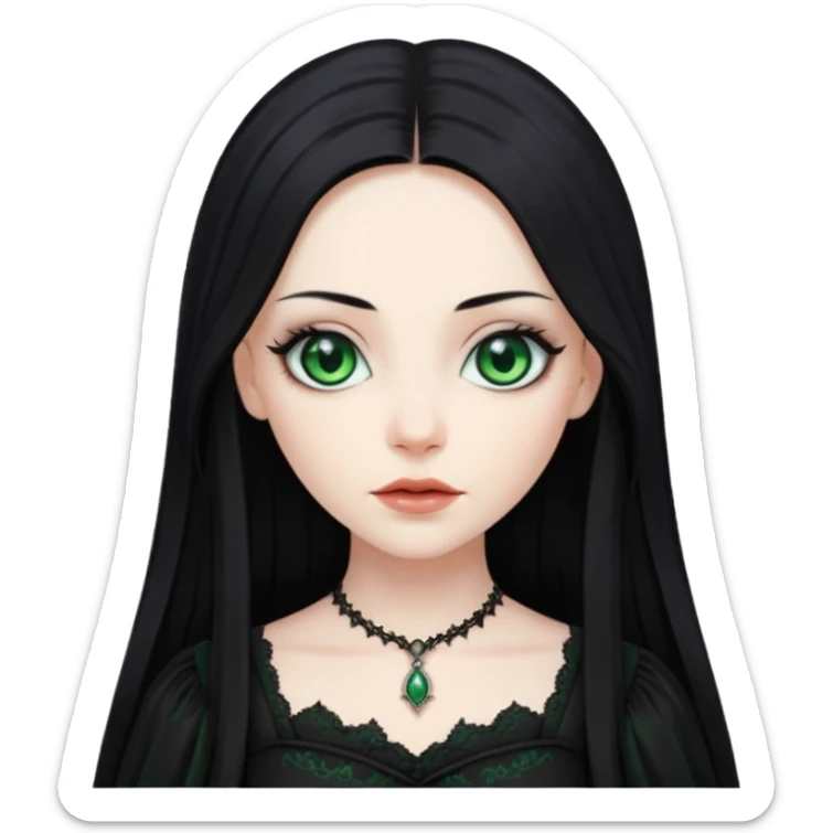 long black hair, green eyes, pale skin, a Gothic dress sticker