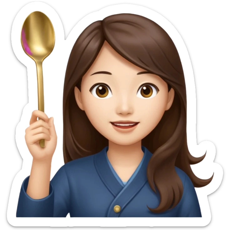 An Asian woman with long brown hair waving and greeting with a spoon in her hand sticker