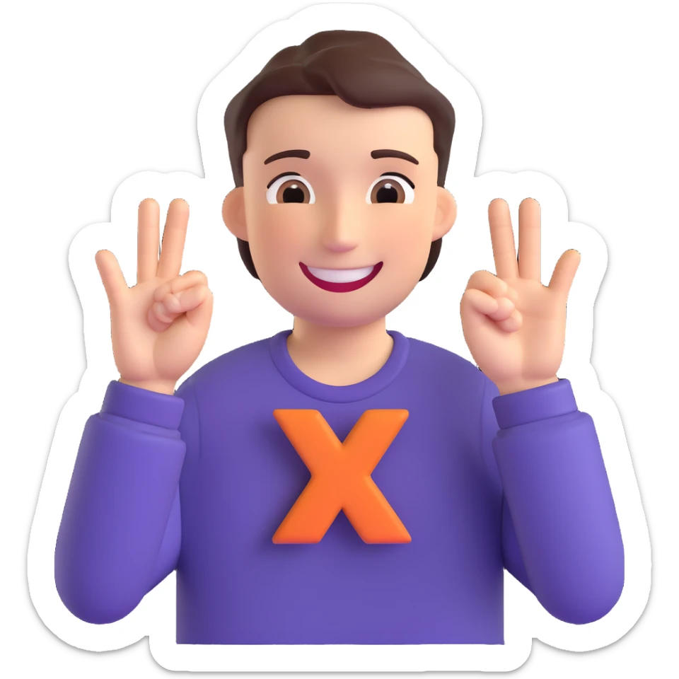 a smiling person holding their hands in front of their chest to form a plus sign shape with their fingers, one hand horizontal and the other vertical, friendly and expressive, clear gesture, simple background sticker