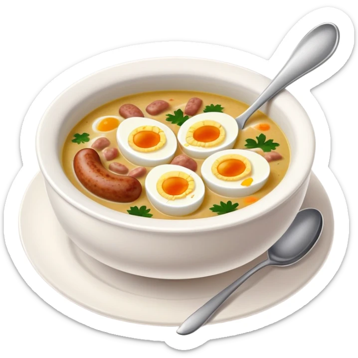 cinematic-realistic zurek-soup-dish-emoji,-depicted-as-a-tangy,-creamy-rye-soup-with-sausage-and-boiled egg-rendered-with-detailed-textures-and-warm,-comforting-lighting. sticker
