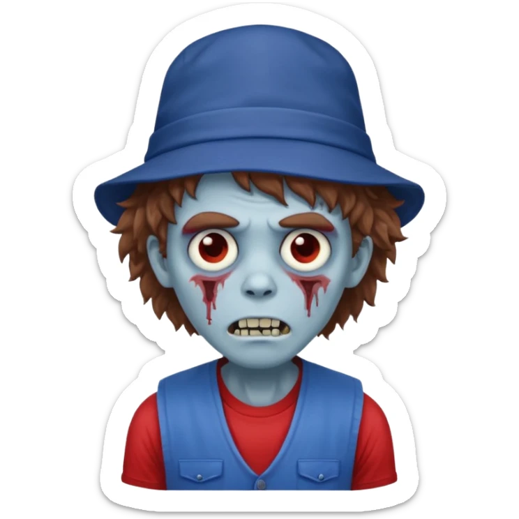 brown fluffy hair zombie with blue and white hat dark blue jilet red t shirt sticker
