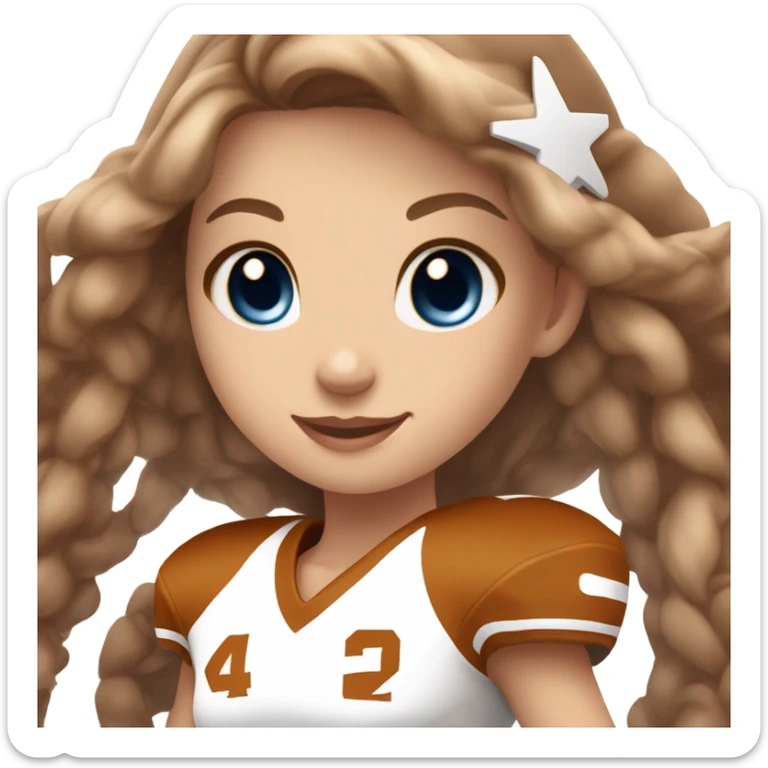Beautiful girl, blue eyes, long beautiful light brown hair, wearing Texas Longhorn football cheerleading uniform sticker